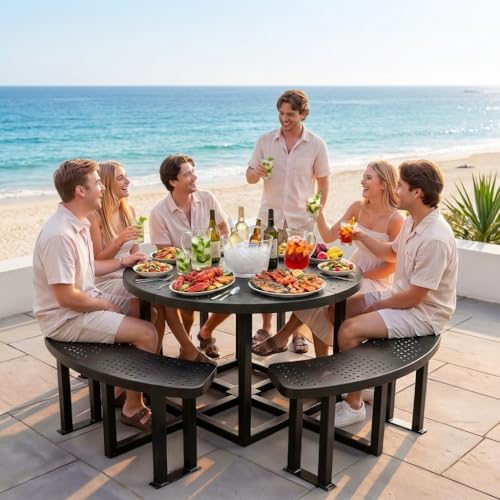 YITAHOME 38" Round Metal Picnic Table with Umbrella Hole - Heavy Duty Q235