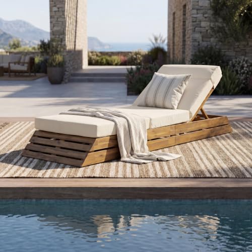 Christopher Knight Home Rina Acacia Wood Chaise Lounge Chair Outdoor with 4-Fold Cushion, Poolside Sun Lounger Recliner, Patio Chaise Lounge, Adjustable Sunbathing Chair, Beige+Teak