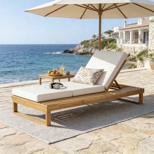 Christopher Knight Home Winlyn Acacia Wood Chaise Lounge Chair with 3-Fold Cushion, Outdoor Chaise Lounge with 4-Position Adjustable Backrest and Side Surface, Slatted Single Lounge, Teak+Cream