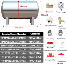 Stainless Steel Horizontal Pressure Tank - Automatic Water System for Garden Irrigation, Well Pumps & Cottage Industry, Includes Mounting Fittings(Size:(95x65cm/37x25in)200L/52Gal)