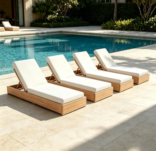 Christopher Knight Home Bayard Set of 4 Acacia Wood Chaise Lounge Chair Outdoor with Cushion, 5-Position Adjustable Backrest Sun Lounger Recliner, Patio Sun Bathing Lounge Chair, Light Teak+Cream