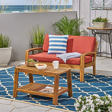 Great Deal Furniture GDFStudio Outdoor Teak Finished Acacia Wood Loveseat and Coffee Table Set with Red Water Resistant Cushions