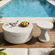 FESTIVITY Indoor & Outdoor Round MGO Coffee & Side Table Set with a Natural Stone & Wood-Look Finish for Patio, Living Room, Balcony, Deck, or Backyard (Ivory Oak Travertine)