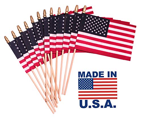 TUTARE 50 American Flags on Stick - Handheld Spearhead US Flag for 4th of July, Memorial Day Event Decorations - Patriotic Decor for Indoors & Yard - Wooden Stick, Cotton Fabric (12" X 18" - 144 Pack)