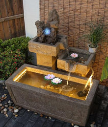 Stone Tiered Water Fountain with Basin and Natural Rock Accents – Outdoor Zen Water Feature for Garden or Patio(B 2)