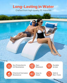 VEVOR Pool Lounge Chairs, Set of 2 Chaise Lounger with Headrest, Water Weighted in-Pool Lounger Chairs for up to 15" Water Depths, Anti-Floating Patio Furniture for Sun Shelf & Tanning Ledge, 440LBS