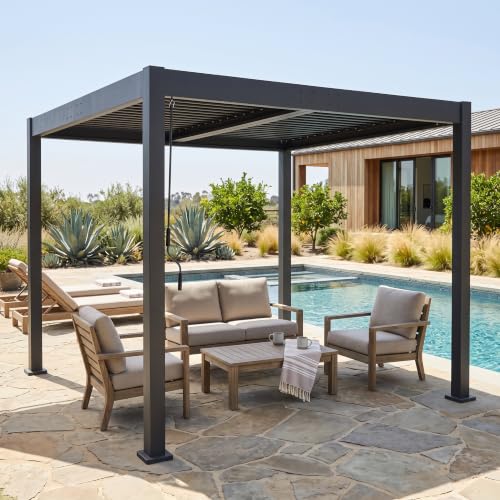 Christopher Knight Home Connie Patio Aluminum Mirador Louvered Pergola, Durable Outdoor Pergola with Adjustable Roof and Hidden Gutter, Minimalist Patio Gazebo for Garden/Porch/Backyard, Black