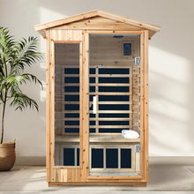 GDFStudio 58.27" 2 Person Outdoor Far Infrared Sauna Old Fir Cabin 1750W 6 Panel Heater 110V/120V Waterproof Exterior Bluetooth Audio LED Lighting Glass Door Home Spa Room