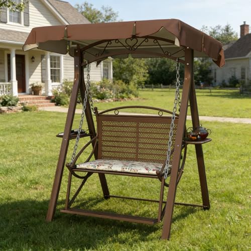 Outdoor Porch Swing with Canopy & Metal Frame, Waterproof Patio Swings with Seat Cushion & Pedals, Cup Holder Trays & Wear-Resistant Foot Pads for Garden Backyard(Brown)