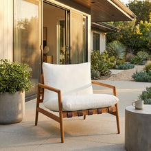 Modway Nomi Teak Wood Outdoor Sling Accent Chair in Natural White - Faux Leather Vegan Patio Armchair with Removable Cushioned Upholstery