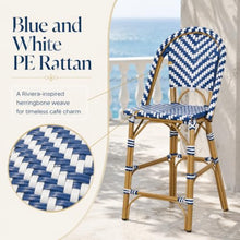 Set of 2 French Bistro Bar Stools, Blue White Hand Woven PE Rattan Counter Height Bar Chairs, Lightweight Aluminum Frame Barstool with Back & Footrest for Patio Kitchen Island Home Bar Indoor Outdoor
