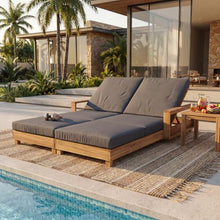 Double Acacia Wood Chaise Lounge Set, 1 Double Recliner with 2 Pieces 3-Fold Dark Grey Cushions, 4-Position Adjustable Backrests, 4 Inch Water Resistant Cushion, 800 LBS Capacity for Patio, Poolside