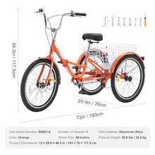 VEVOR Folding Adult Tricycle 26-Inch Lightweight Aluminum Alloy 3 Wheel Cruiser Bike with Large Rear Basket Orange