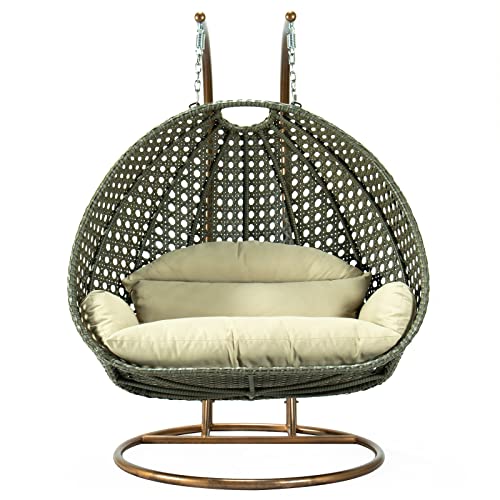 LeisureMod Beige 2 Person Hanging Double Swing Chair, X-Large Wicker Rattan Egg Chair with Stand and Cushion for Indoor Outdoor Patio Garden (Taupe)
