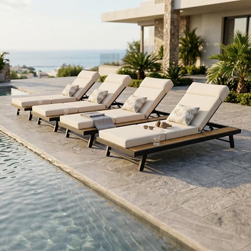 Merax 4 piece Black Iron Teak Finish Chaise Lounge Set with 4" Thick 4-Fold Cushion with Headrest, 400 lbs Capacity, Adjustable Backrest with Flat Storage Surface for Patio, Poolside, Backyard, Beige