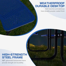 akucvor 46'' Blue Round Metal Picnic Table with Umbrella Hole, Steel Picnic Tables, Heavy Duty Sturdy Commercial Picnic Tables for Outdoor Garden Courtyard BBQ