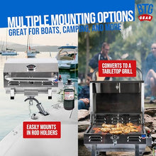 BTG Gear Tailwaves Marine Boat Grill w/Rod Holder Mount | Stainless Steel | Propane Boats & Tailgating & Camping | Built in Thermometer | Portable | Fold-away legs