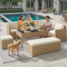 YITAHOME L-Shaped Patio Furniture Set All Weather Wicker Outdoor Sectional Sofa with Dining Table and Ottoman Light Brown Beige