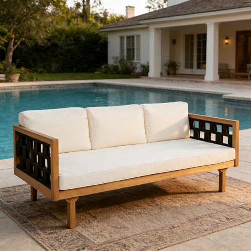 Christopher Knight Home Rosie Acacia Wood Outdoor Daybed Sofa with Water-Resistant Cushion, Solid Wood Patio 3 Seater Sofa Couch, Patio Garden Lounge Sofa with Woven Rope Accent, Black+Teak+Beige