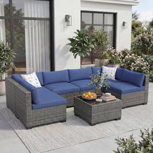 GarveeLife 7 Piece Outdoor Patio Furniture Set, Iron Frame Sectional Sofa Set with Gray Gradient Wicker and Blue Cushions, Outdoor Conversation Sofa Set for Garden and Patio