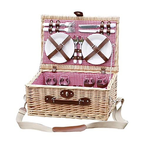 ZYBB Outdoor Picnic Basket Wicker Picnic Basket with Cutlery Handle and Shoulder Strap Large Storage Basket for 4 (Color:A)