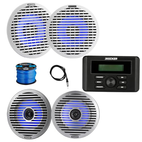 KICKER Marine USB Bluetooth AM/FM Media Center Receiver with 4X 6.5" LED Boat Speakers & Grilles