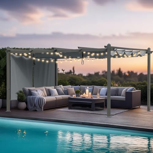 Masyardi 12 x 14 Ft Outdoor Aluminum Pergola, Retractable Canopy & 1 Side Shade for Patio Backyard Garden Deck