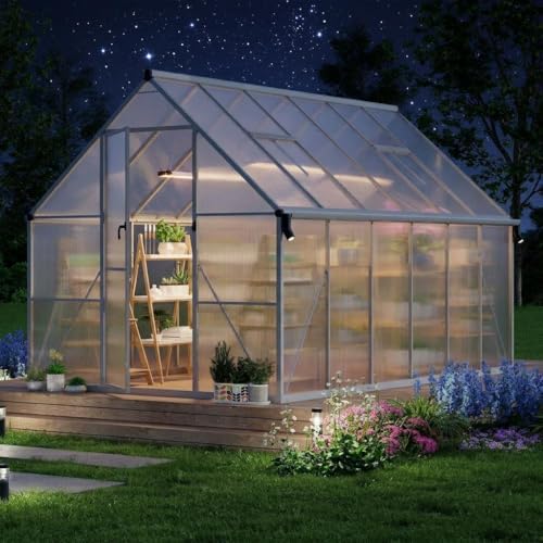 Garvee 8 x 12 ft Outdoor Polycarbonate Greenhouse Kit, Heavy Duty Greenhouse with Reinforced Aluminum Frame, Adjustable Roof Vent, Lockable Door & Quick-Connect Assembly