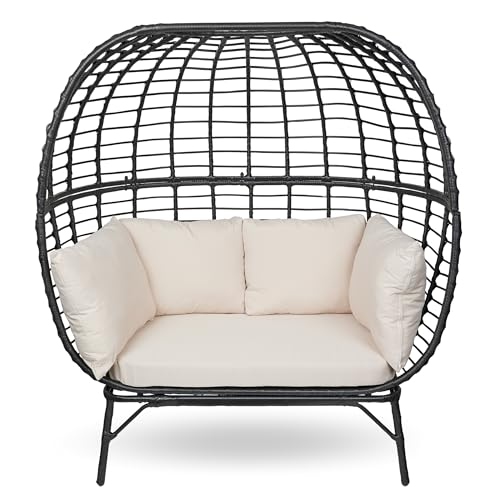 Alpine Corporation MHQ130 Indoor/Outdoor Double Seat Egg Chair w/Cushions, Versatile Patio & Sun Room Seating, 57" H, Black