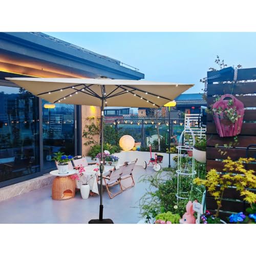 Square 2.5X2.5M Outdoor Patio Umbrella Solar Powered LED Lighted Sun Shade Market Waterproof 8 Ribs with Crank and Cross Base for Garden Deck Backyard Outside Swimming Pool