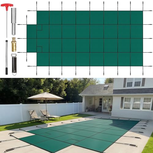 VEVOR Inground Pool Safety Cover 20x40 ft Rectangle with 4x8ft Center End Step, Winter Pool Covers Green Mesh, Triple Stitched for MAX Strength, Abrasion Resistant