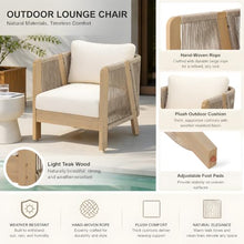 Christopher Knight Home Dalba Acacia Wood Lounge Chair Outdoor Set of 2 with Removable Cushion, Patio Accent Chair with Woven Rope Accents, Patio Furniture Set Sofa Chair, Light Teak+Cream
