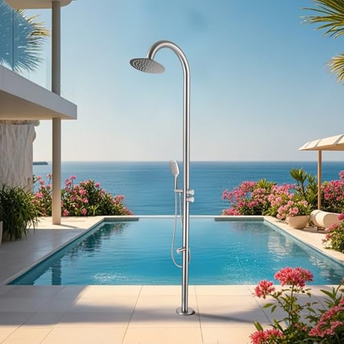 CHALIRS 316 Marine Grade Stainless Steel Free Standing Outdoor Shower with Foot Wash, 3-Function Nickel Shower Kit with 10''Rain Shower Head,Outdoor Shower Fixture for Backyard Beach Poolside
