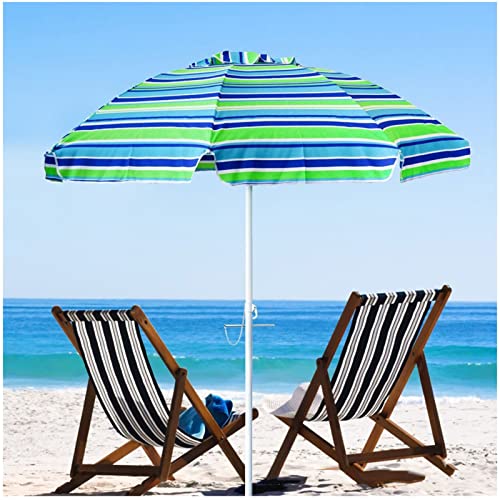 LumaGrove 200cm Windproof Beach Umbrella Outdoor Striped Patio Umbrella with Tilt and 8 Ribs, Sun Shade Parasol with Bag