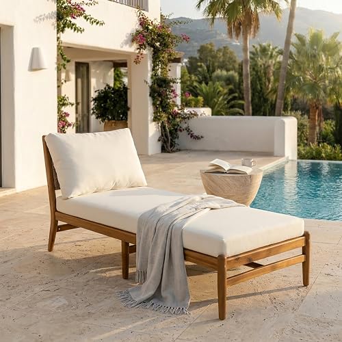 Christopher Knight Home Joan Acacia Wood Chaise Lounge Chair Outdoor With Water Resistant Cushion, Outdoor Recliner Chair With Hand-Woven Backrest, Pool Lounger For Patio Poolside Backyard, Teak+Cream