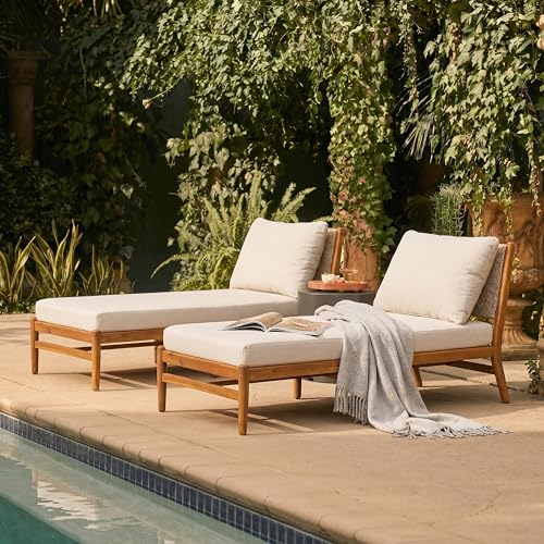 Christopher Knight Home Jenny Set of 2 Acacia Wood Chaise Lounge Chair Outdoor with Cushions, Outdoor Recliner Chairs with Hand-Woven Backrest, Pool Loungers for Patio Poolside Backyard, Teak+Beige