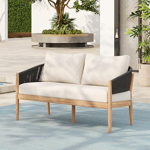 Christopher Knight Home Katarina Patio Acacia Wood Loveseat Furniture, Outdoor Loveseat Sofa with Comfy Fabric Cushions, 2-Seater Sofa with Handwoven Rope Backrest for Garden/Backyard, Black+Beige