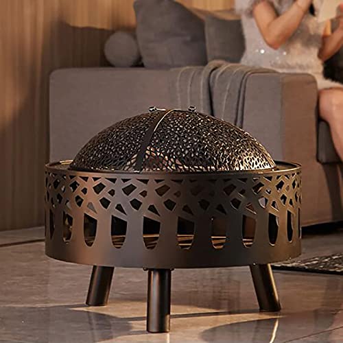 Large Cast Iron Garden Fire Pit Basket Patio Heater with Grill and Spark Protection Mesh