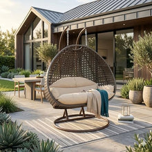 LeisureMod 2-Person Wicker Egg Chair, Cream, Beige Steel Stand