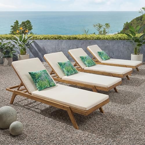 Merax Chaise Lounge Set of 4, Adjustable Outdoor Patio Lounge Chairs with Water-Resistant Cushions, Acacia Wood Reclining Sun Loungers for Poolside, Deck, Garden, Beige