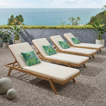 Merax Chaise Lounge Set of 4, Adjustable Outdoor Patio Lounge Chairs with Water-Resistant Cushions, Acacia Wood Reclining Sun Loungers for Poolside, Deck, Garden, Beige