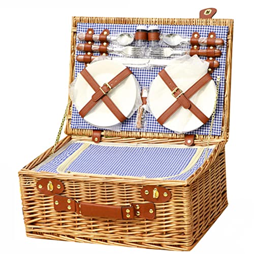 YEDECOR Handmade Wicker Picnic Basket for 4 with Insulated Cooler, Willow Hamper Basket Sets with Utensils Cutlery Perfect for Picnic, Camping, Outdoors, Photoshoot, Birthday Gift,Blue