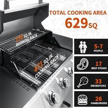 SKOK Led 4-Burner Gas BBQ Grill with Side Burner Led Knob, Barbecue Grill with Porcelain-Enameled Cast Iron Grates, 60,000 BTU Stainless Steel Propane Grill 629 Sq. In. Grilling Area