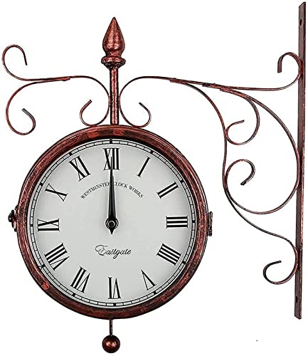 Wall Clock Art Clock Retro Wrought Iron Wall Clock, Outdoor Garden Double-Sided Wall Clock with Metal Bracket, Easy to Read Roman Numerals, Indoor Living Room Courtyard Wall Decor Clock