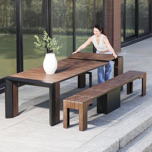 Transformer Extendable Outdoor Dining Table, Dark Walnut, Brown