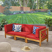 GDFStudio Outdoor Sectional Sofa Set | 3-Seater | Acacia Wood | Water-Resistant Cushions | Teak and Red