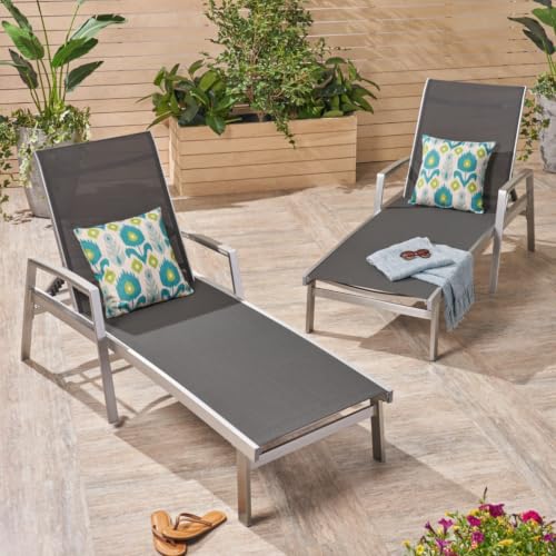 Hassyee All Weather Outdoor Chaise Lounge w/Aluminum Frame for Poolside, Sunbathing Lounger w/Mesh Seating for Balcony, Patio Reclining Sunbed w/Adjustable Backrest for Porch (Grey-Set of 2)