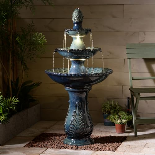 3-Tier Black Ceramic Fountain, Decorative Water Fountain with LED Lights and Quiet Pump, Indoor Outdoor Water Feature for Patio, Garden, Deck, Balcony, Office and Home Décor