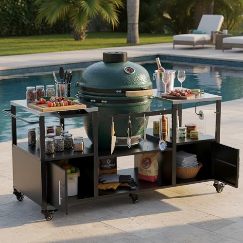 Andehomy 67" L Outdoor Grill Table for Big Green Egg, Heavy Duty Egg Grill Station Prep Table with Storage, Multifunctional Metal Grill Cart Compatible with XL Green Egg, Big Joe, Primo XL