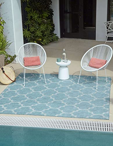 Unique Loom Outdoor Trellis Collection Area Rug - Trellis (Square 13' 0" x 13' 0", Aquamarine/ Gray)